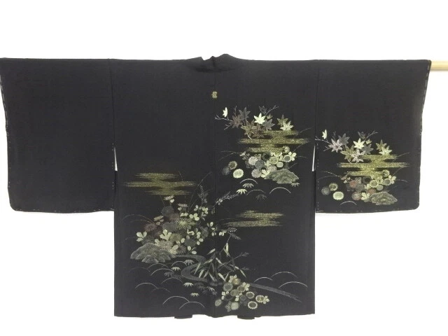 03531# Japanese Kimono / Antique Haori / Woven Stream & Floral Plants