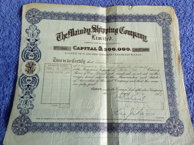 Maindy Shipping Company Share Certificate 1919