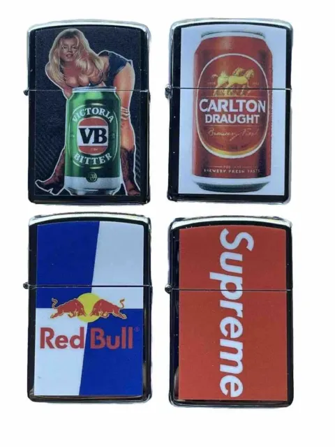 4 PCs Windproof Oil Lighters Set Supreme Red Bull VB And Carlton Draught Beers