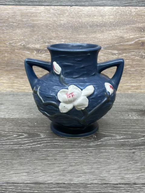 Vintage Roseville 180-6 Double Handled Blue Magnolia Vase 5 1/2” Tall