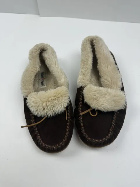 MINNETONKA BROWN MOCCASIN Folded Trapper Faux Fur House Shoes Slippers ...