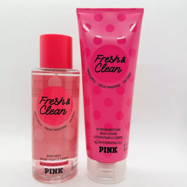 Victoria’s Secret Pink FRESH & CLEAN Mist And Lotion Full Size (2 Pcs) Set New!