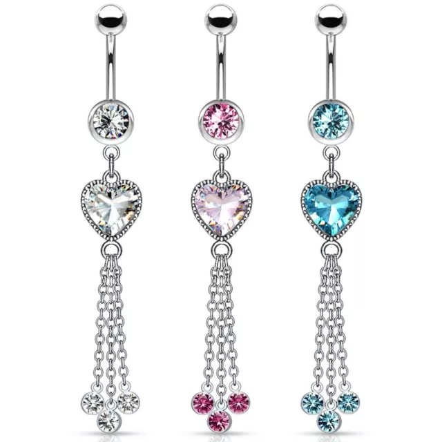 Heart Cz & Chains Long Dangle Belly Ring Navel Piercing Body Jewelry (14G 3/8")