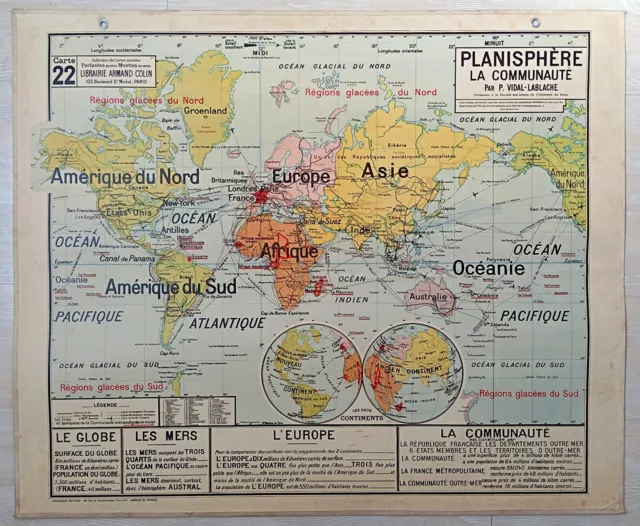 🌎 Ancienne carte scolaire Vidal-Lablache 22, 1960 - Planisphère monde, Colonies