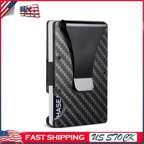 Mens RFID Blocking Money Clip Slim Carbon Fiber Credit Card Holder Metal Wallet