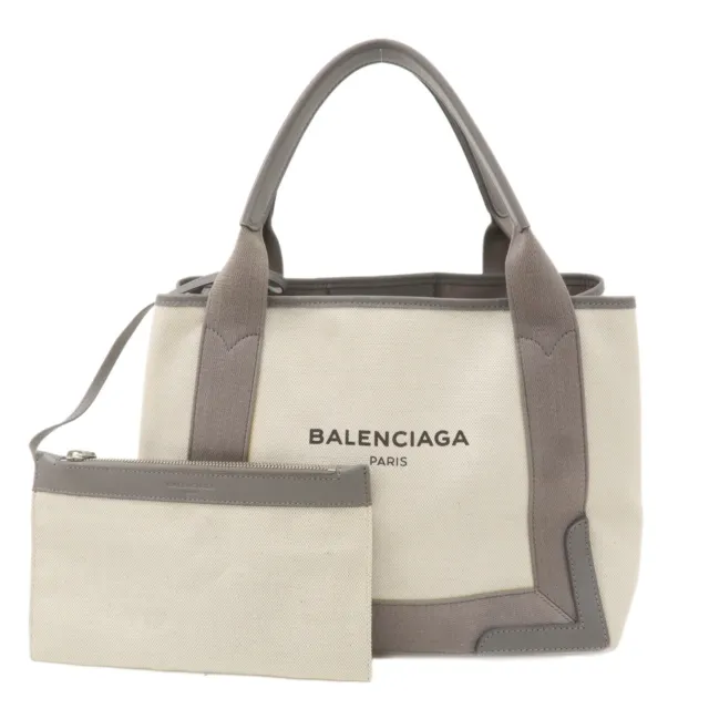 Auth BALENCIAGA Cabas S Tote Bag Ivory Gray Canvas Leather 339933 Used