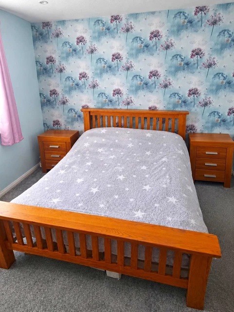 BENSONS TOULOUSE OAK Wood Double Bed Frame, Slatted Base, Headboard ...
