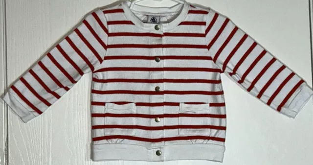 Petit Bateau Baby Girl 12M Sweater Long Sleeve Cardigan Red/White Stripes Snaps