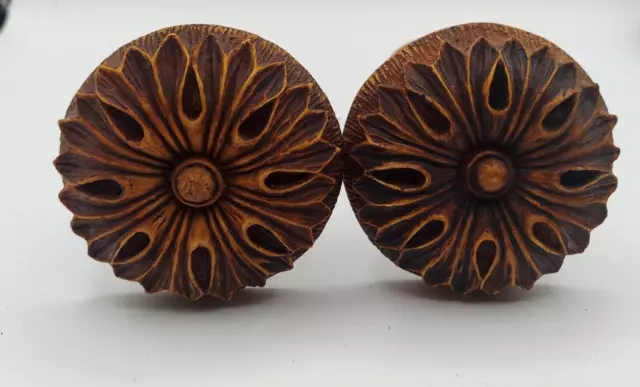 2 Vintage  Wood carved flower Curtain Pulls Finials tie backs Drapery Medallion