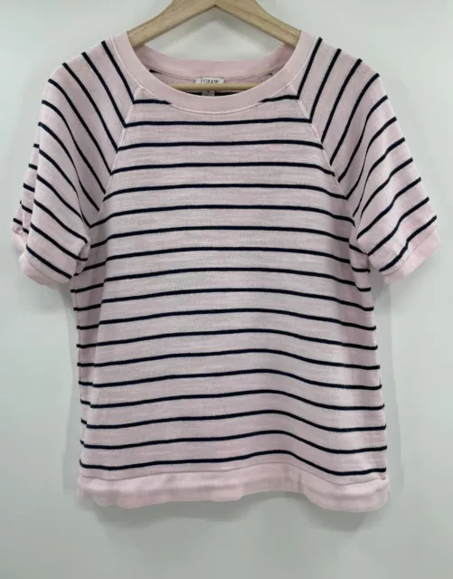Women’s J. Crew Baby Pink Blue Striped Cotton Terry Sweatshirt Short Sleeve Sz S