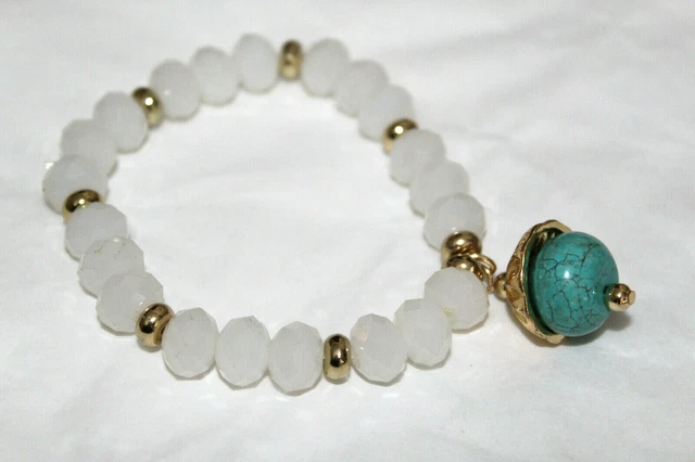 Beautiful White Faceted Crystal Beaded Stretch Bracelet Faux Turquoise Charm