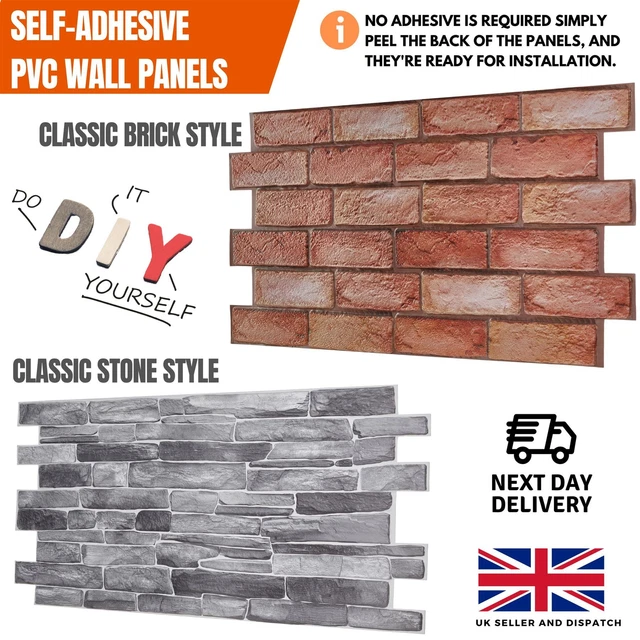 SELF ADHESIVE 3D Wall Panels PVC Cladding Faux Stone & Brick Effect
