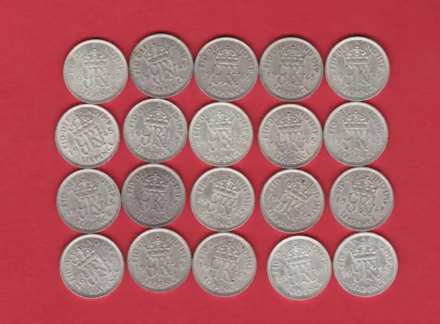 20 x 1945 GEORGE VI 50% SILVER SIXPENCES EXTREMELY FINE TO NEAR MINT CONDITION