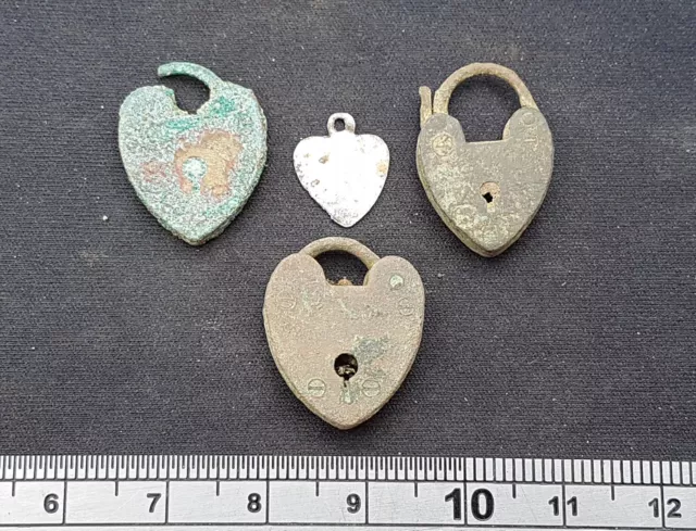Lovely post Medieval bronze/copper heart locks & 1 Silver pendant post/med L20m