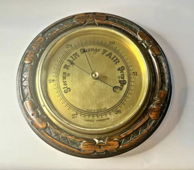 Best Antique Carved Oak Aneroid Barometer with Brass Dial, 9.5" made in England