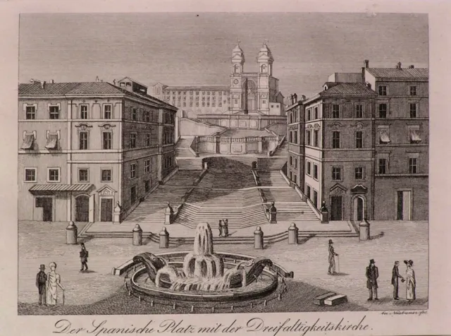 stampa originale del 1834 Piazza di Spagna Roma cm 35x30