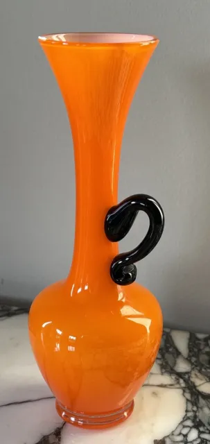 Vintage Czech Art Glass Tango Orange & Black Jug Vase Hand Blown