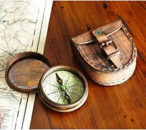 Antique Brass Poem Compass with Brown Leather Case Free Rustic Vintage gift