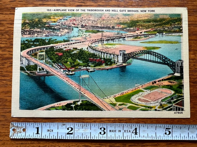Vintage Postcard Airplane View Of The Triborough And Hell Gate Bridges New York
