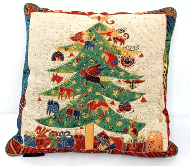 laurel burch cat christmas tree holiday 18 in canvas decorative throw pillow EUC