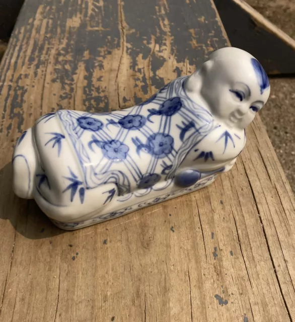 Vtg Chinese Opium Pillow Porcelain Blue & White laying Boy Buddha Hand painted