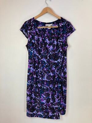 AA Studio Women's Dress 14W Sheath Purple Geometric Watercolor Short Cap Sleeve