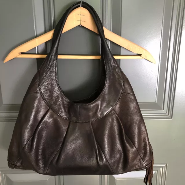 Sigrid Olsen Hobo Purse Handbag Brown Leather Double Handles Shoulder Bag Tassel