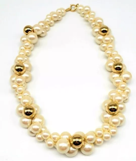 Vintage Trifari Round Ivory Faux Pearl Cluster Necklace with Polished Gold Beads