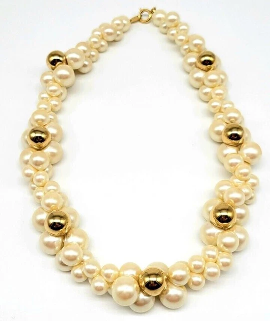 Vintage Trifari Round Ivory Faux Pearl Cluster Necklace with Polished Gold Beads