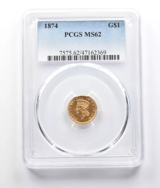 MS62 1874 $1 Indian Princess Head Large Head Gold Dollar PCGS *8119