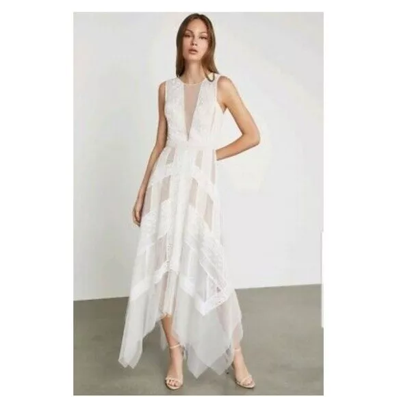 Bcbg Max Azria Andi White Lace Tulle Romantic Cocktail Handkerchief Gown Dress 8