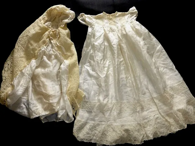 Gorgeous Antique Silk Christening Gown, Petticoat Handmade Lace & Cape