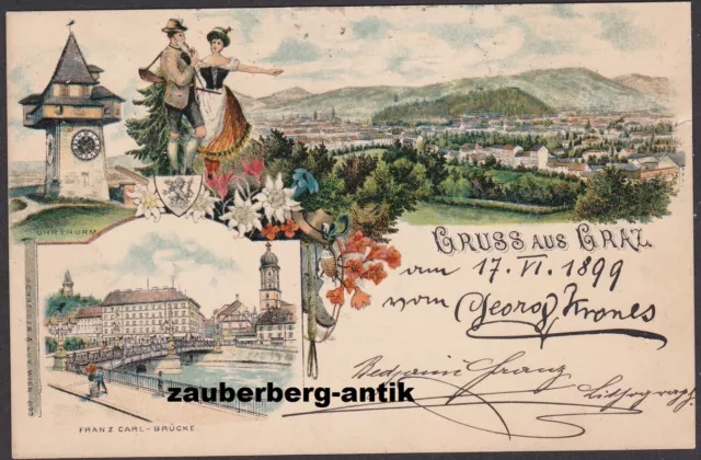 23517 Gruss aus Graz Uhrturm Franz Carl Brücke Trachtenpaar Litho 1899