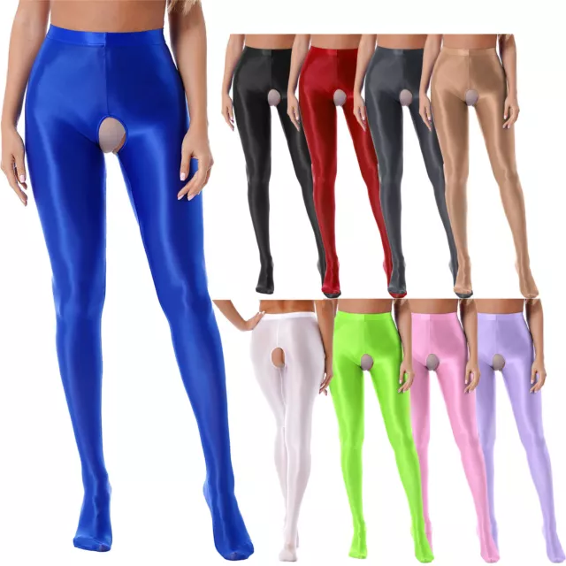 Women Shiny Tights Open Crotch Tight trousers Indoor Fitness Glossy Pantyhose