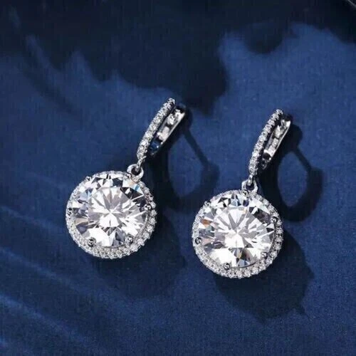 Real Moissanite 4.30Ct Round Cut Drop/Dangle Halo Earrings 14K White Gold Plated