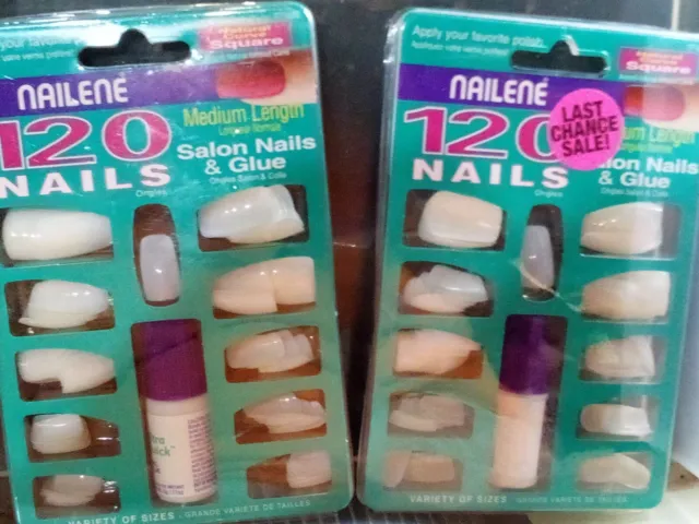 Nailene- 2 Packs Unpainted Medium Length Nails /120 Assorted Sizes-Glue Included