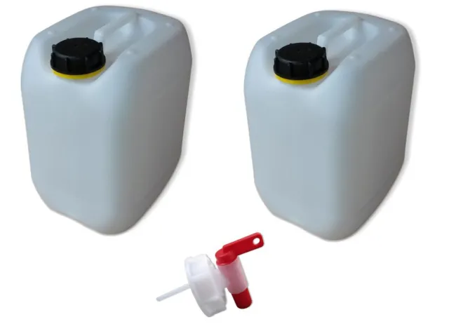 2 x 10 Liter Kanister weiß Camping Trinkwasserkanister + Auslaufhahn DIN61.