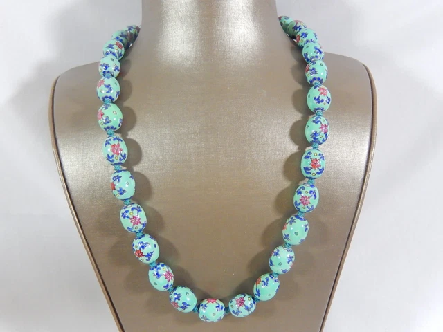 Vtg Chinese Export Hand Knotted Lg. Hand Painted Aqua Floral Beadb 26" Necklace