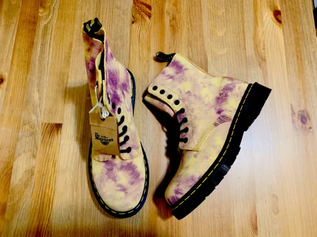 Dr. Martens Pascal Grunge tie dye leather combat boots yellow purple NWOB size 7