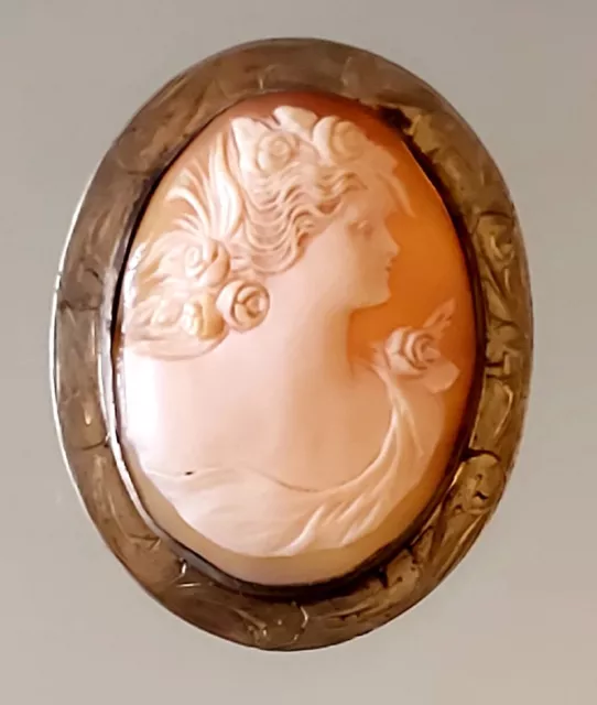 Antique Carved Shall Cameo Woman Sterling Silver Gold Filled Brooch Pendant