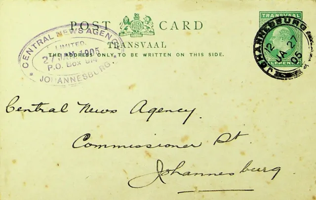 SEPHIL TRANSVAAL SOUTH AFRICA 1905 ½d KED POSTAL CARD FROM & TO JOHANNESBURG