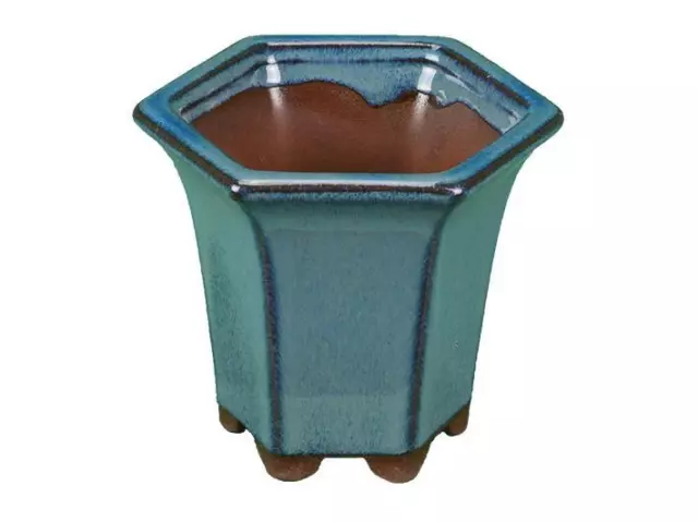 Vaso per bonsai esagonale in gres (stile a cascata) smaltato blu-verde scuro 7,5