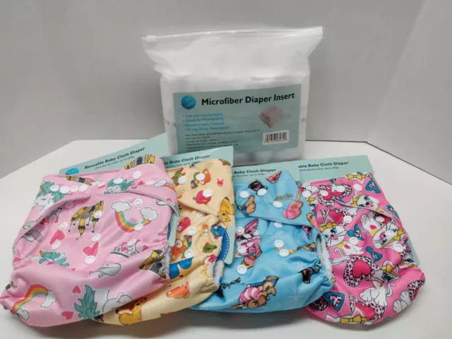 Adjustable Reusable Baby Washable Cloth Diaper Lot 4 Diapers +5 Inserts
