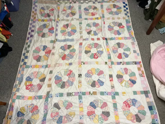 Vintage Original Handmade Dresden Plate Pattern Very Large Quilt Size 102X85