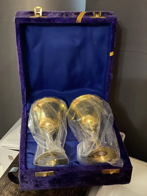 Vintage Pair Etched Brass and Silver Plate Wine Goblets In A Velvet Case