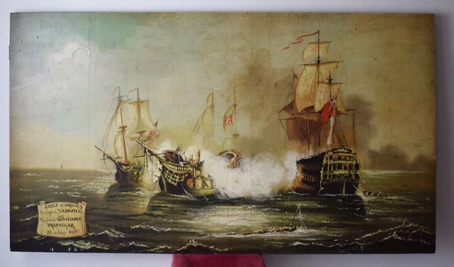 Grande dipinto a tempera su tavola di Battaglia navale quadro in stile antico