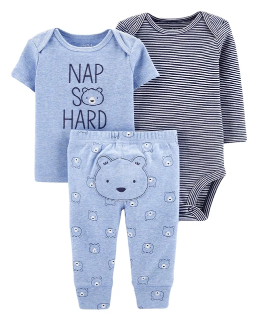 Carters Infant Boy's Blue Nap So Hard Bear T-Shirt & Pants 3 Piece Outfit Set