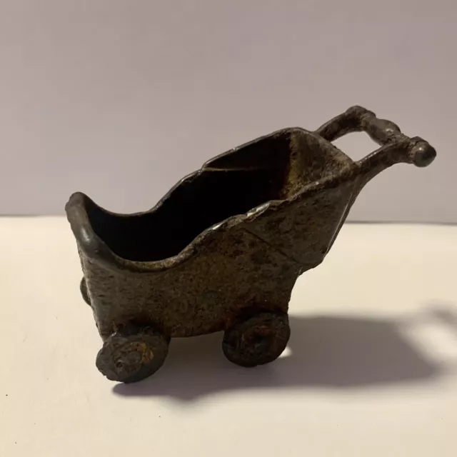 Antique Vtg Cast Iron Metal Wheels Baby Buggy Carriage Stroller Dollhouse Toy