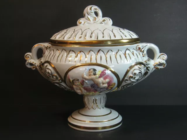 VTG Keramos Capodimonte Italy Cherub Centerpiece Vase Lidded Pedestal Bowl Mint!