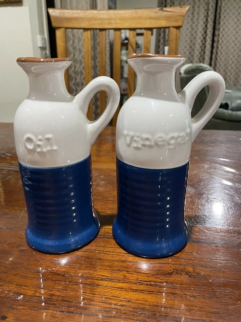 JAMIE OLIVER SET Of Blue Pottery OIL And VINEGAR PAIR